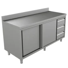 Werkbank | RVS | Schuifdeuren + Laden (Rechts) | Diepte 600 | Hoogte 850/900 | Breedte 1200-2000 | Achteropstand