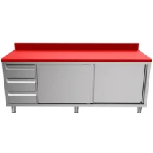 Snijwerktafel | RVS/Polyethyleen | Schuifdeuren + Laden (Links) | Diepte 700 | Hoogte 850/900 | Breedte 1200-2000 | Achteropstand