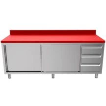Snijwerktafel | RVS/Polyethyleen | Schuifdeuren + Laden (Rechts) | Diepte 700 | Hoogte 850/900 | Breedte 1200-2000 | Achteropstand