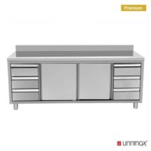 RVS werkbank met opstaande rand 2 schuifdeuren & 3+3 lades 1/1 GN | 1800x700x850(h)mm