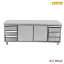 RVS werkbank met 2 schuifdeuren & 3+3 lades 1/1 GN | 1800x700x850(h)mm