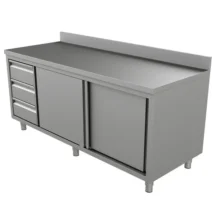 Werkbank | RVS | Schuifdeuren + Laden (links) | Diepte 700 | Hoogte 850/900 | Breedte 1200-2000 | Achteropstand